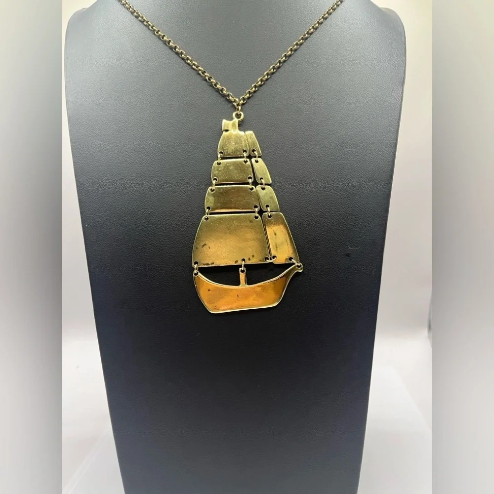 Nautical Ship Boat Brass Pendant  Necklace Oversized Articulated Ship - Picture 4 of 15